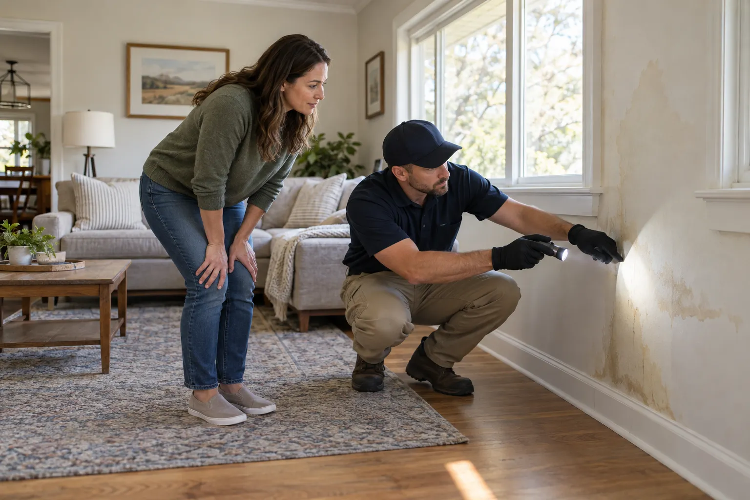 Homeowner and a mold provider reviewing a damp wall together in a Birmingham home
